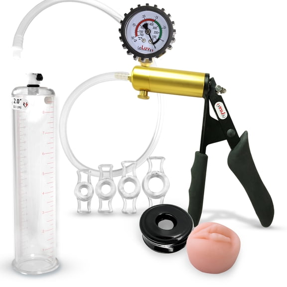 LeLuv® Ultima Penis Pump, Brass Handle w/ Black Silicone Grips, Clear Hose Protected Gauge | TPR Seal, Donut, 4 Constriction Rings | 9" x 2.00" Cylinder
