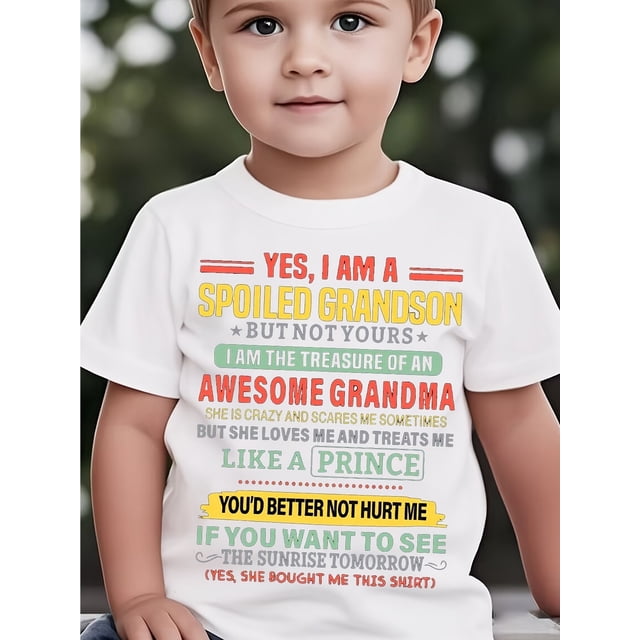 Youngsters' Funny "Spoiled Grandson" Letter Print T-Shirt - Comfy Round Neck Short Sleeve Tee for Boys & Girls, Black with Colorful Text Design, Perfect for Summer Casual Play, T Shirts