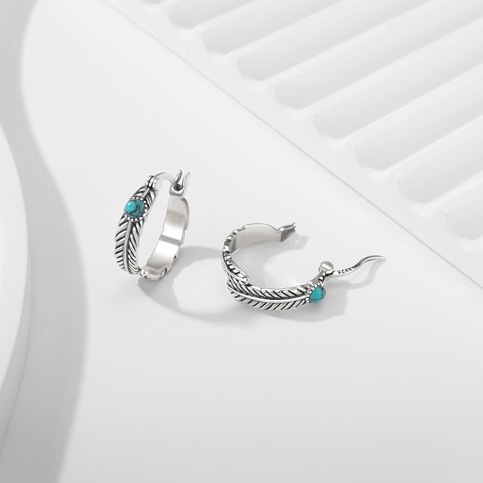 Coachuhhar Feather Earrings 925 Sterling Silver Turquoise Hoop Earrings Western Jewelry Turquoise Feather Gifts for Women Birthday