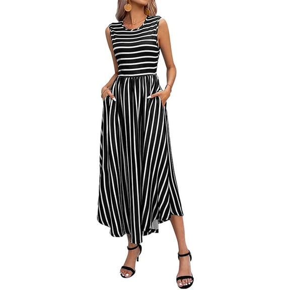 Black Birthday Dress, Casual Round Neck Striped Tank Dress Elegant Boho Floral Summer Dress 2025 For Easter Wedding Guest Beach Party Sleeveless Maxi With Pockets Dresses (XL, Black) ZMTing