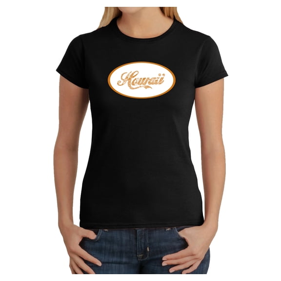 LA Pop Art Women's Word Art T-Shirt - HAWAIIAN ISLAND NAMES & IMAGERY