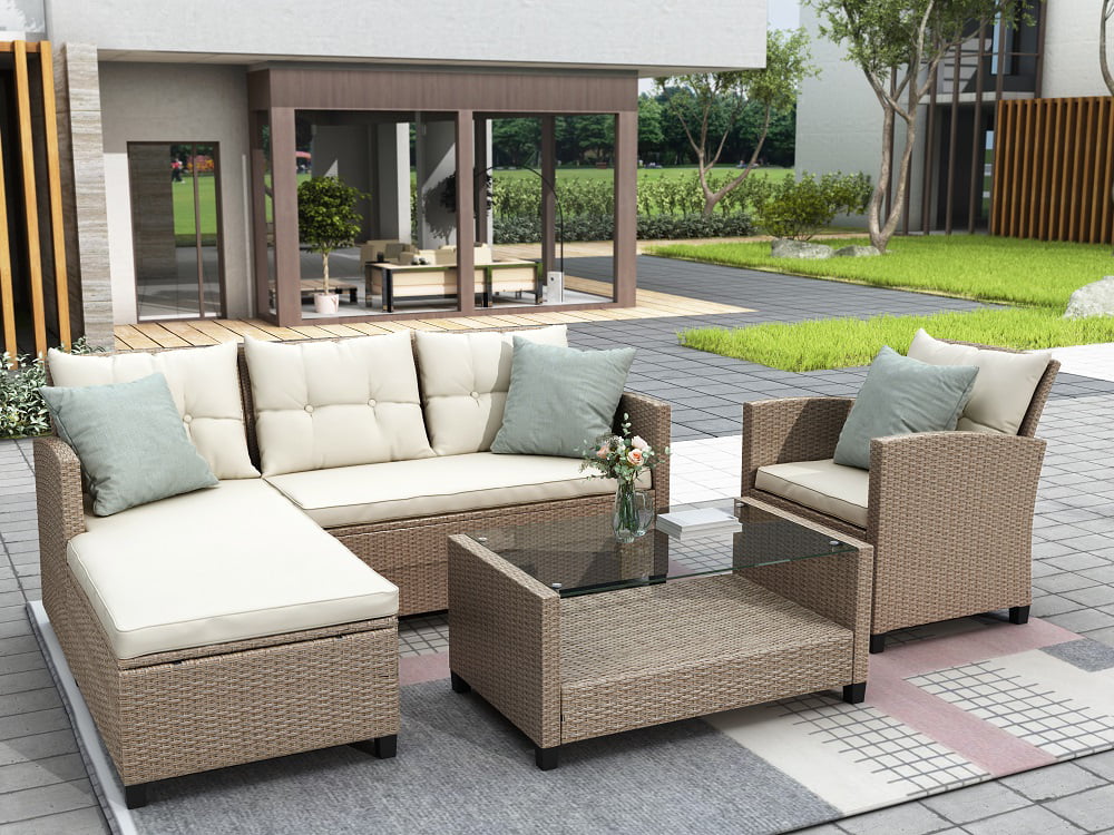 Patio Conversation Set, 4 Piece Outdoor Wicker Furniture Set with Loveseat Sofa, Lounge Chair, Wicker Chair, Coffee Table, All-Weather Patio Sectional Sofa Set with Cushions for Backyard Garden Pool