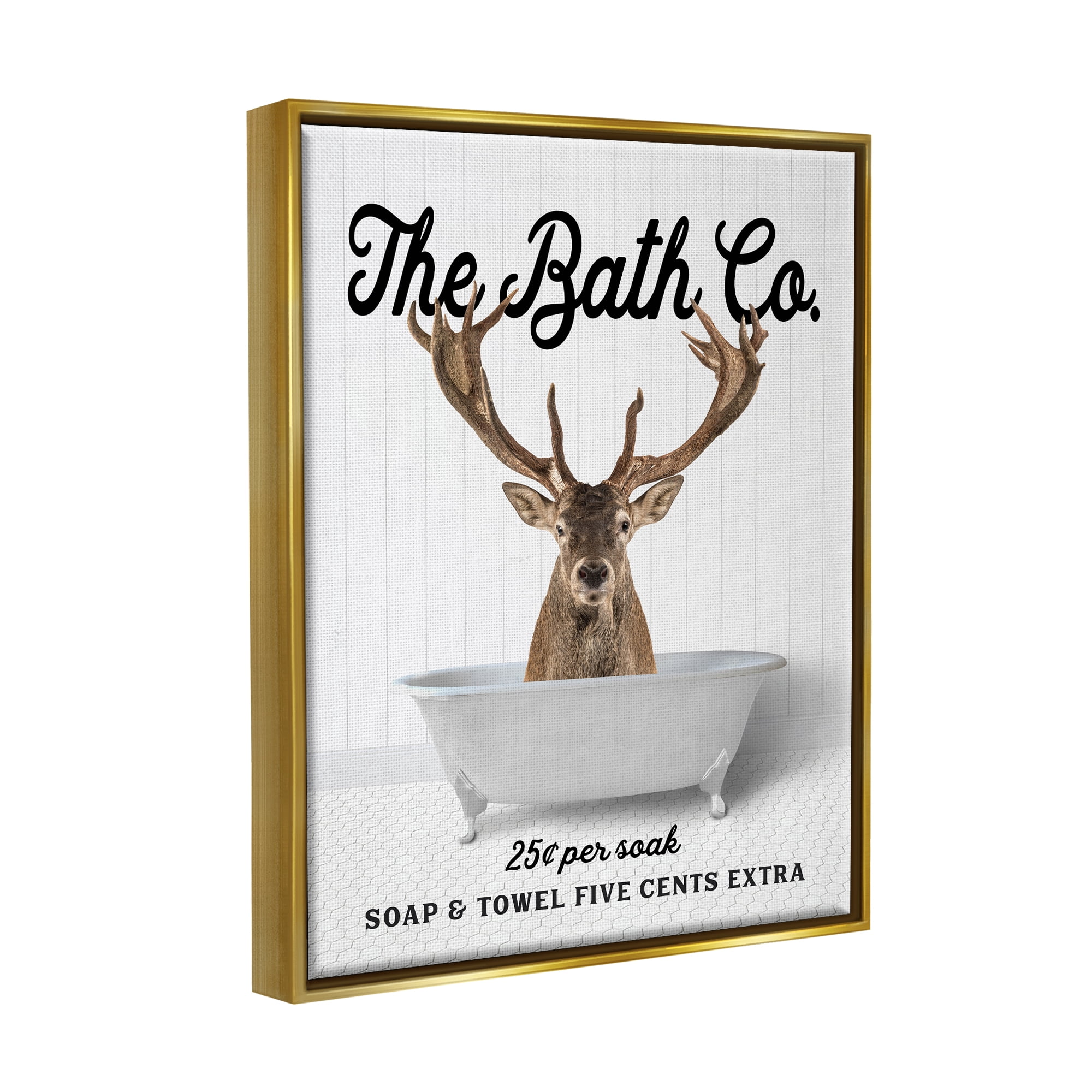 Stupell Industries Vintage Bath Ad Deer Animals & Insects Painting Gold Floater Framed Art Print Wall Art, 25 x 31