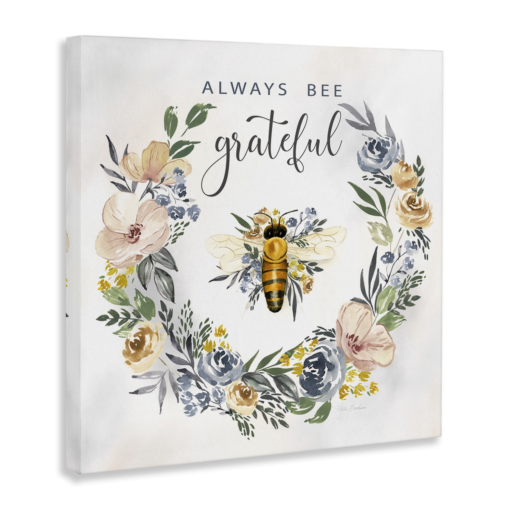 Stupell Industries Country Bee Grateful Botanical & Floral Painting Gallery Wrapped Canvas Art Print Wall Art, 17 x 17