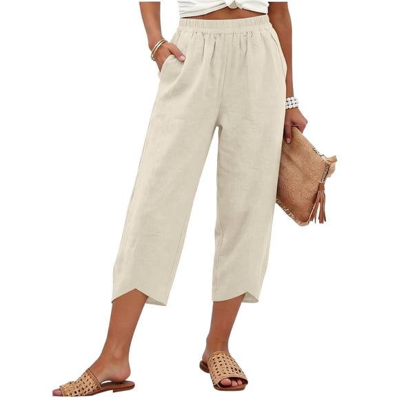 Women's Cropped Lounge Pants Lightweight Elastic Waist Pant with Pockets Summer Tulip Hem Trousers Beige 2XL