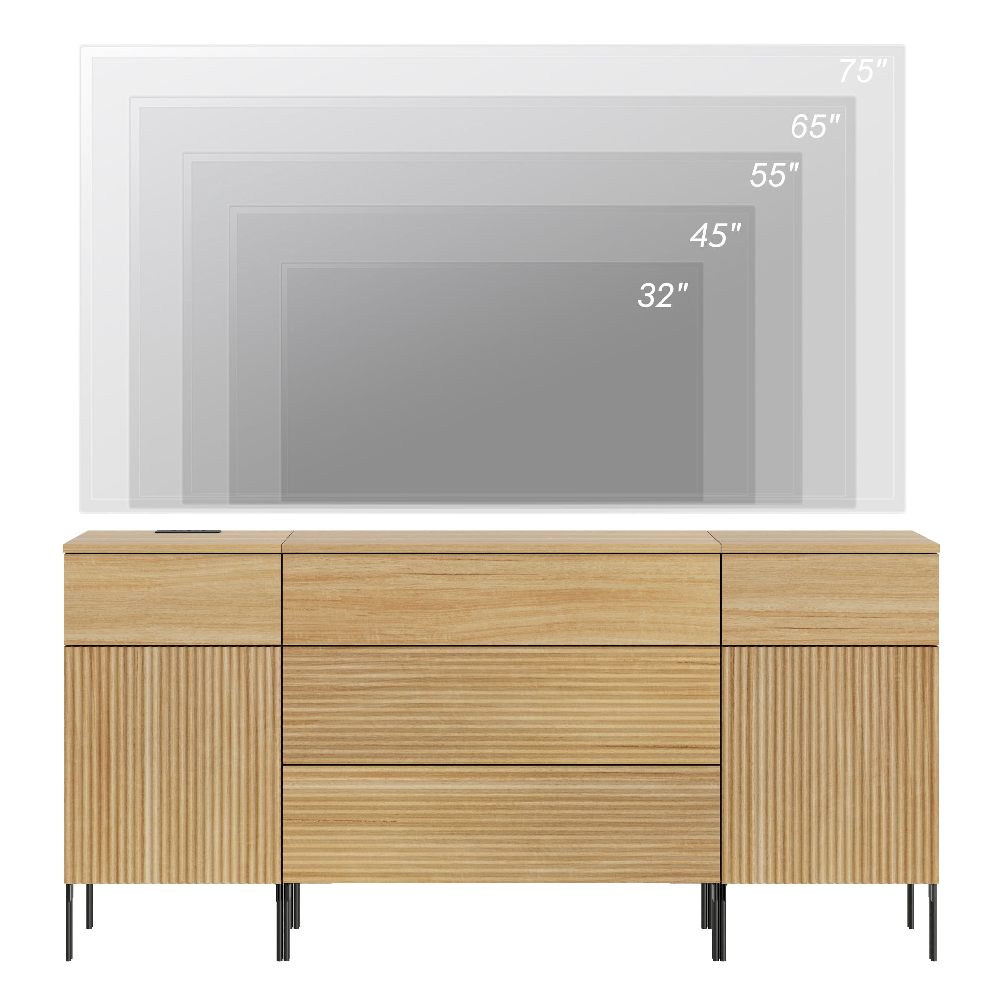 WAMPAT 63" TV Stand for TVs up to 70 Inch with Charging Station, Fluted Wood Media Console with 5 Drawers and 2 Door Cabinets, Push-to-Open Entertainment Center