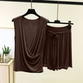 thumbnail image 2 of TEAJOPSUU Women's Soft Pajama Set Lightweight Cozy Cotton Blend Pajamas Draped Cowl Neck Sleeveless Top & Drawstring Ruffle Hem Shorts Summer Comfy 2 Piece Loungewear Sleepwear B-Coffee, 2 of 5