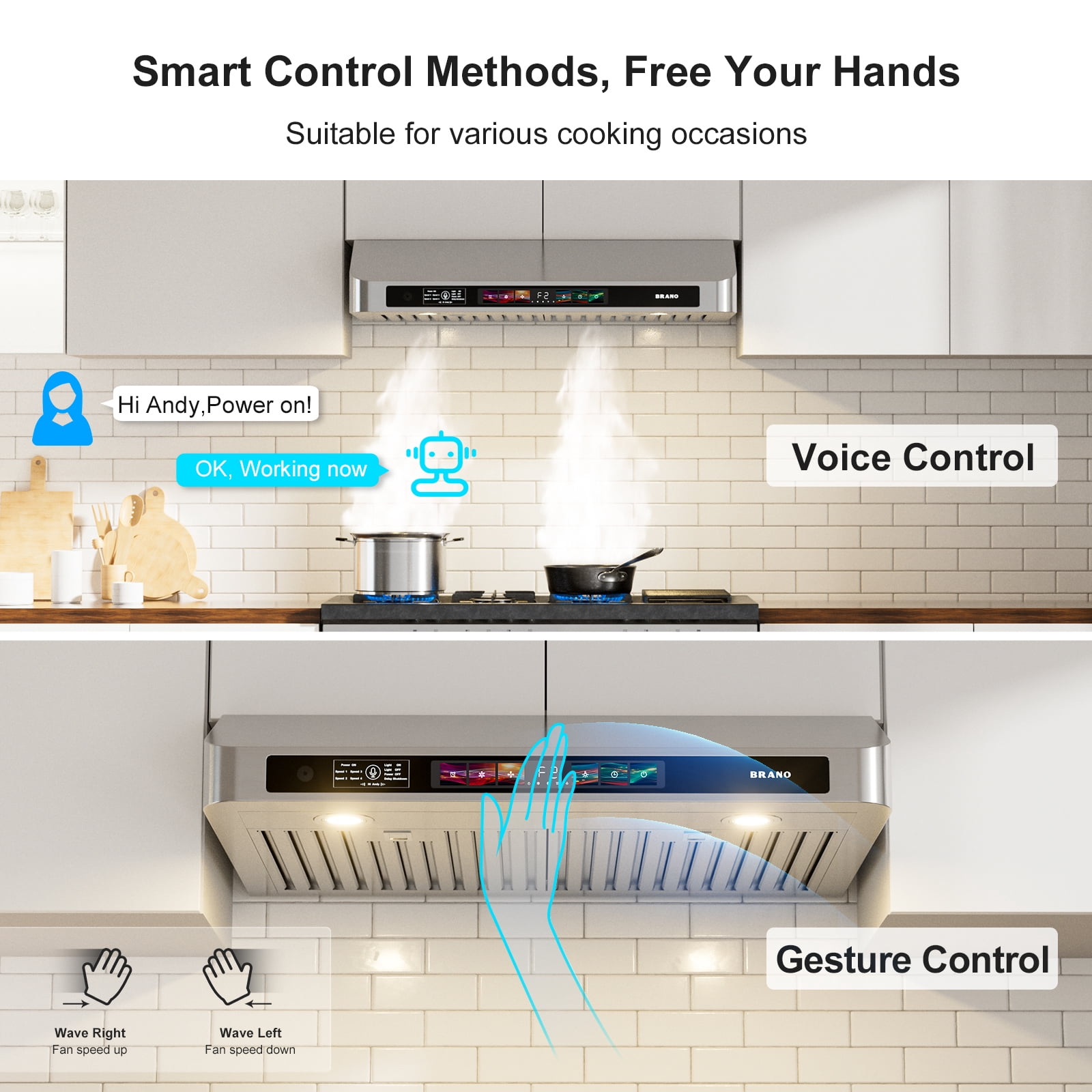 BRANO 30 in. Under Cabinet Range Hood with Voice, Gesture & Touch Control, 900 CFM, 4-Speed Stainless Steel Vent Hood, LED Lights