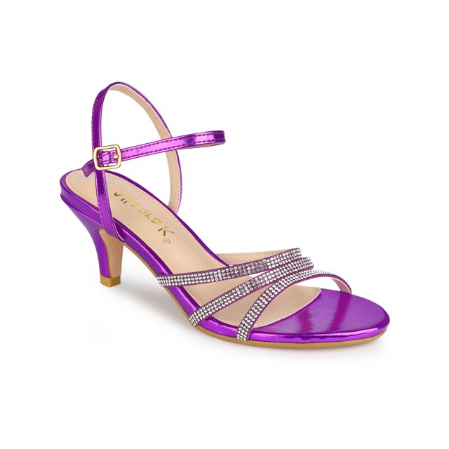 BLISSFUL STEP Chaussures pour Femmes Sandales à Talon Kitten à Bout Ouvert en PU avec Bride à la Cheville Ornée de Strass Violet 8