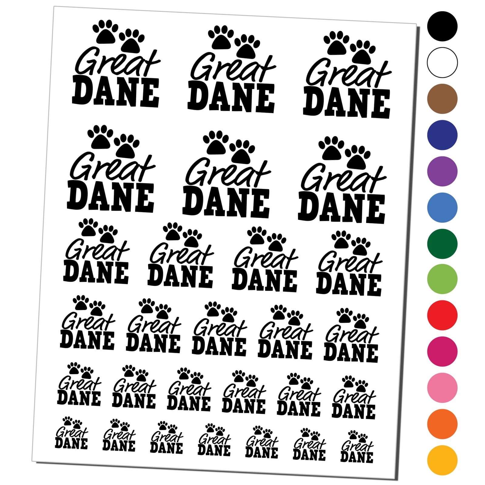 Great Dane Dog Paw Prints Fun Text Water Resistant Temporary Tattoo Set