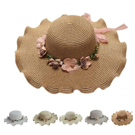 Download homeholiday Women Girls Big Wide Brim Sun Hat Kids Children Ruffle Flower Straw Hat Summer Beach ...