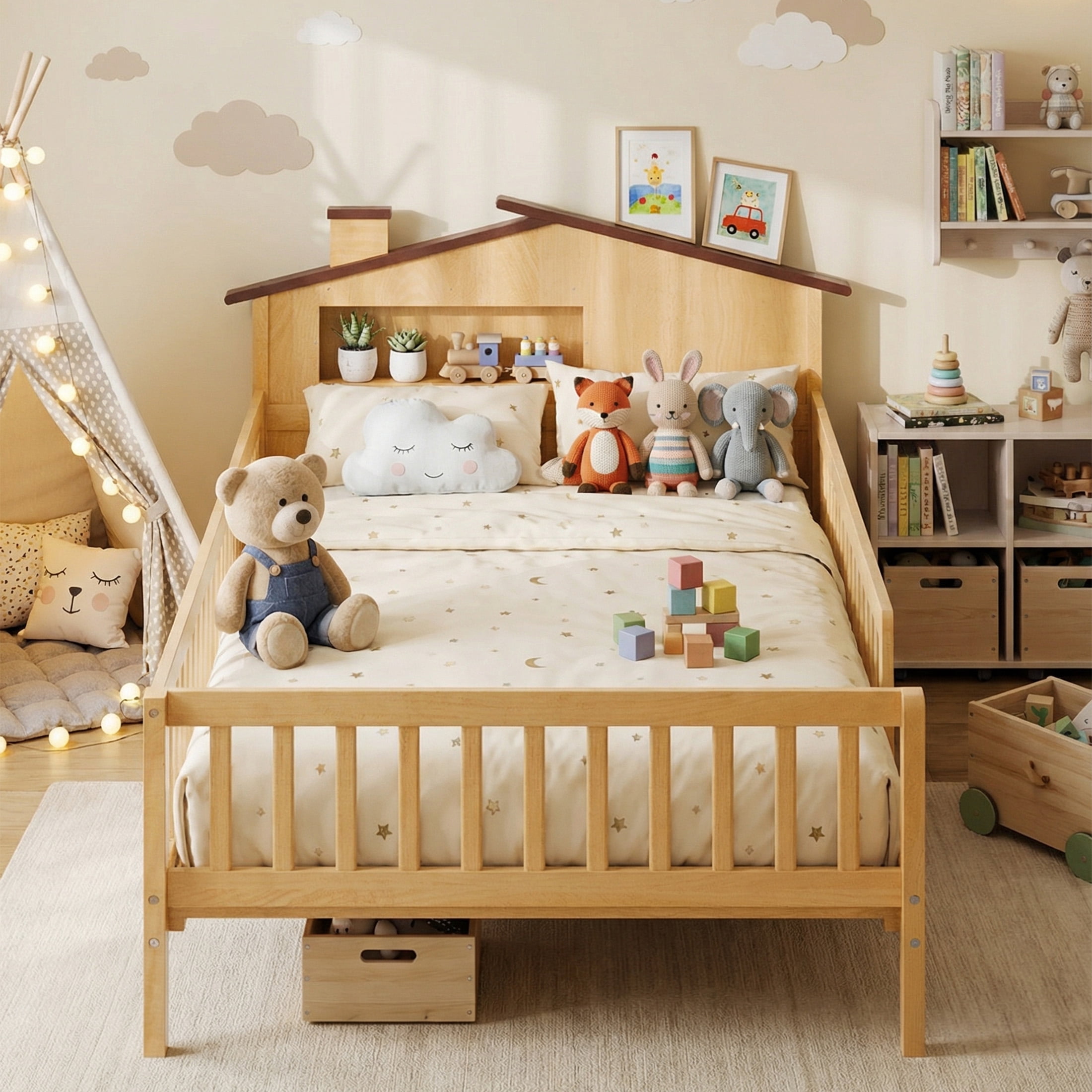 edx Twin Bed Frame with Rails & Storage, Solid Wood Platform Bed with Safety Guardrails & House Headboard, Slat Support, No Box Spring Needed, Natural