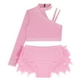 thumbnail image 2 of Lejafay Girls Glittery Rhinestones Dance Outfits One Shoulder Mock Neck Crop Top with Feather Briefs Dancewear Pink 8, 2 of 6