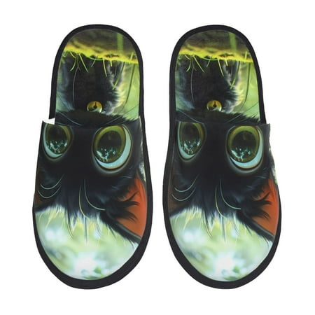 Balery Cute Big-Eyed Black Cat Slient Indoor Furry Fleece Comfort House Shoes Soft Non-Slip Home Shoes Cotton slippers House Slippers-- Medium