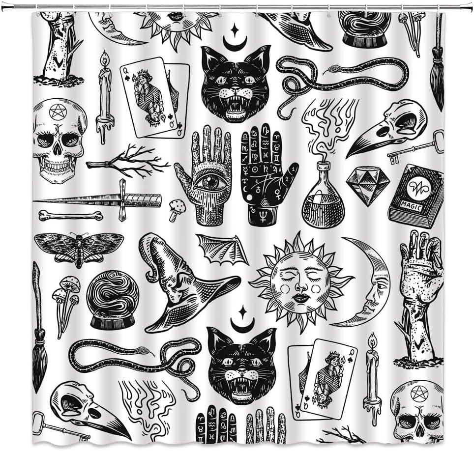 SPXUBZ Halloween Shower Curtain Magic Witchcraft Cat Black White Gothic