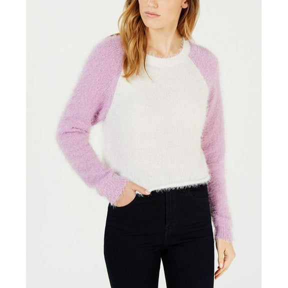 Planet Gold Women's White Purple Fuzzy Cropped Baseball Sweater