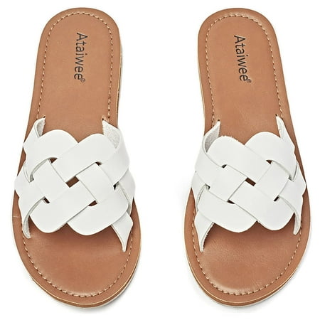 Ataiwee Women s Slide Sandals  Fashion Strappy Braided Slip On Flat Summer Shoes.