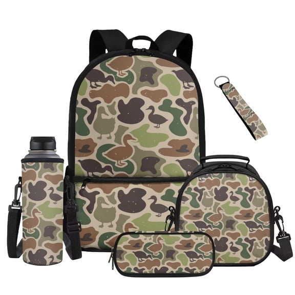 XYZCANDO Duck Camo 5Pcs School Backpack Set with Portable Lunch Bag Multifunctional Pencil Case Water Bottle Bag Carrier Lanyard Keychain for Elementary Middle High School