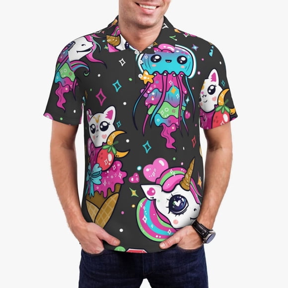 Saiise Cat Icecream Print Mens Golf Shirt Moisture Wicking Quick-Dry Print Performance Polo Shirts for Men-Small
