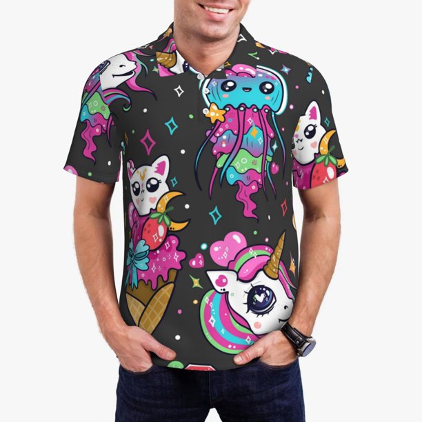 Balery Cat Icecream Camisa Polo de Hombre con Estampado, de Manga Corta y Tejido Medio, Camisa Tipo Golf Polo-Medium