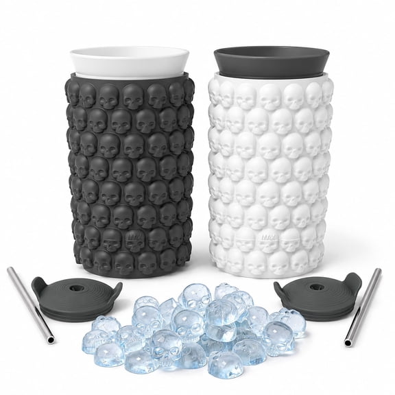 2-Pack Skull Ice Cube Mold Cup Set, 128 Mini Skull Ice Tray with Lid & Straw, Silicone Halloween Cocktail Ice Mold for Whiskey, Coffee & Party Drinks