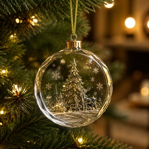 Kuokaa 2D Clear Acrylic Christmas Ornament with Printed Scene, Flat Transparent Hanging Decoration for Tree (Christmas Tree Scene)