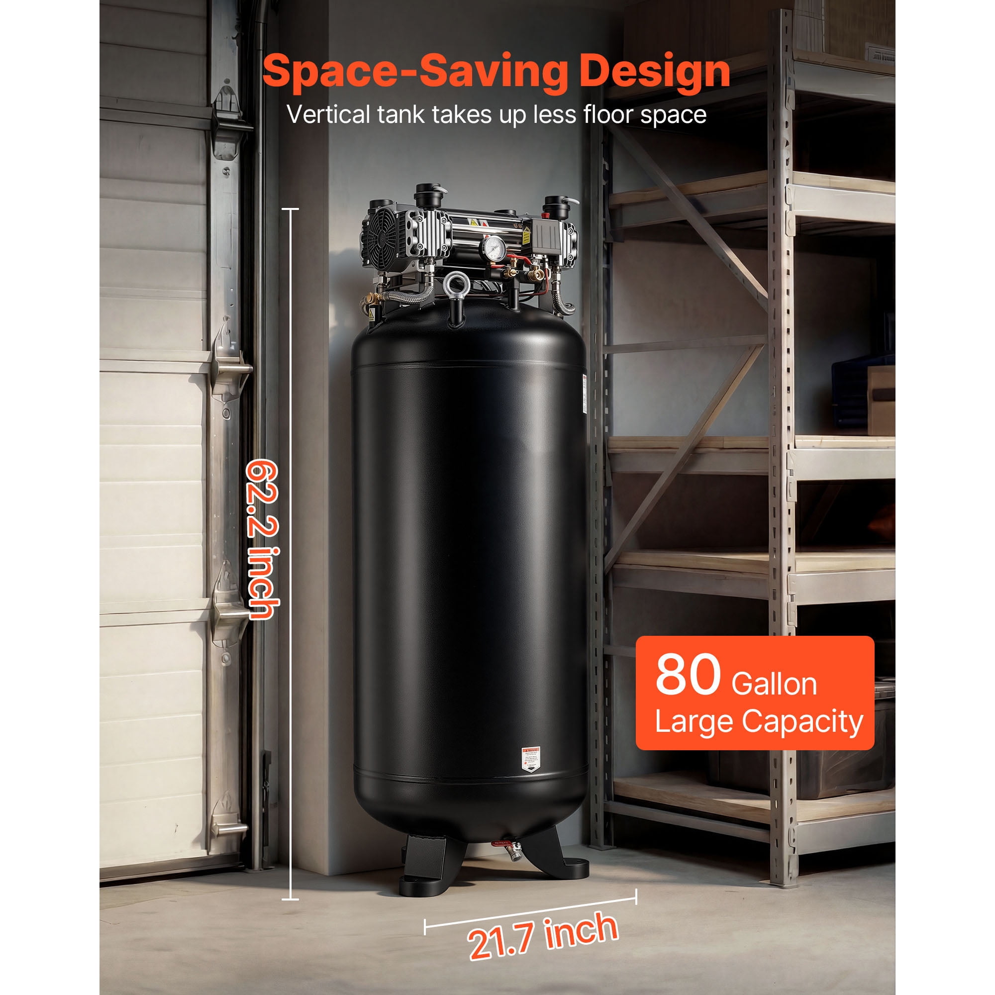 KFFKFF 80-Gallon Heavy-Duty Air Compressor, 5HP, 13.5 SCFM at 90 PSI, Max 145 PSI Pressure, Oil-Free Tank for Industrial Use and Large Workshops (230V 3-Phase, No Plug)