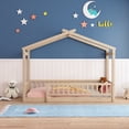thumbnail image 2 of Twin Size House Bed for Children, Wood Montessori Bed Twin Floor Bed Frame with Fence Shaped Guardrails and Roof Design for Teens, Girls & Boys Bedroom, Natural, 2 of 7