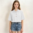 thumbnail image 4 of Grblisyd Boys Girls Polo Shirts Kids Solid Color Button Up Short Sleeve School Uniform V Neck Cotton Linen Shirt 10-12 Years, 4 of 5