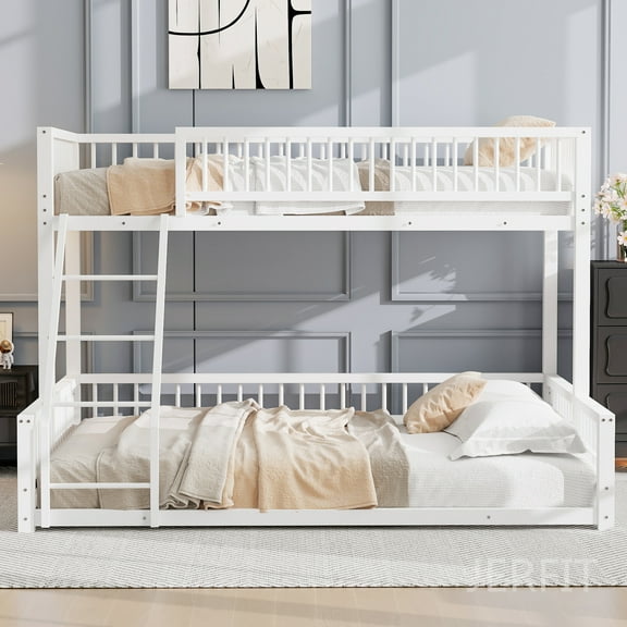 JERFIT Twin XL over Queen Floor white metal bed, equipped with a ladder and safety guardrail, can be installed as a bunk bed or made into two single beds. The assembly is simple