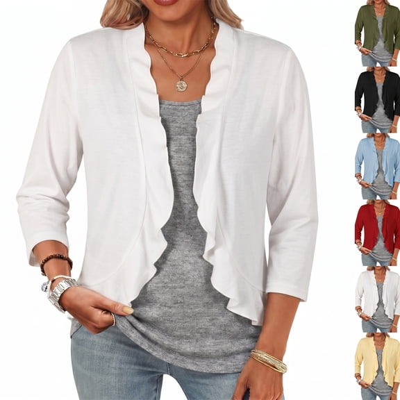 Women Shrug Lightweight Cardigans Open Front 3/4 Sleeve Ruffled Cardigan for Evening Party Dressy (L,White)