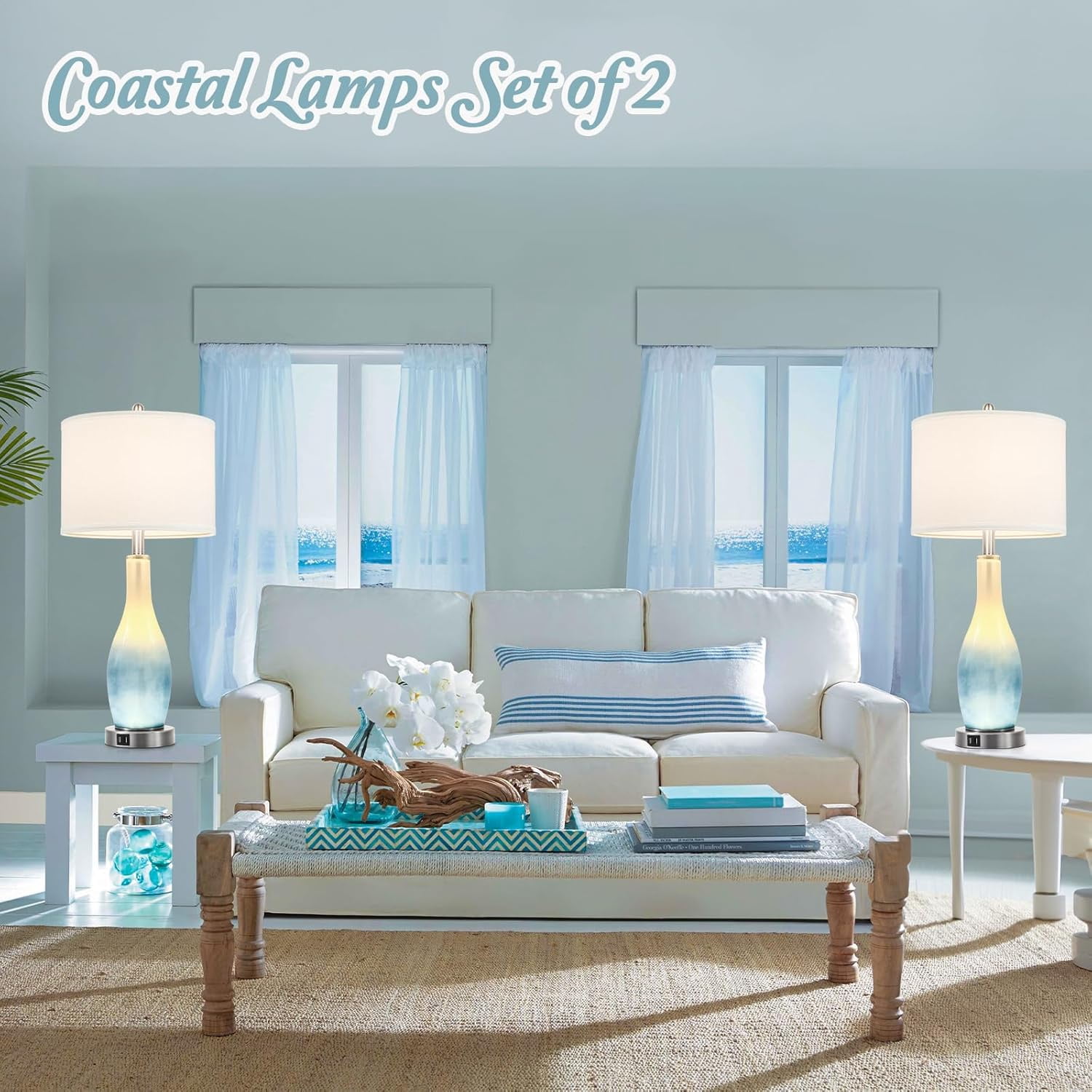 Nordic Hygge 26in Tall Glass Table Lamps Set of 2 with 2 USB Charging Ports & LED Nightlight