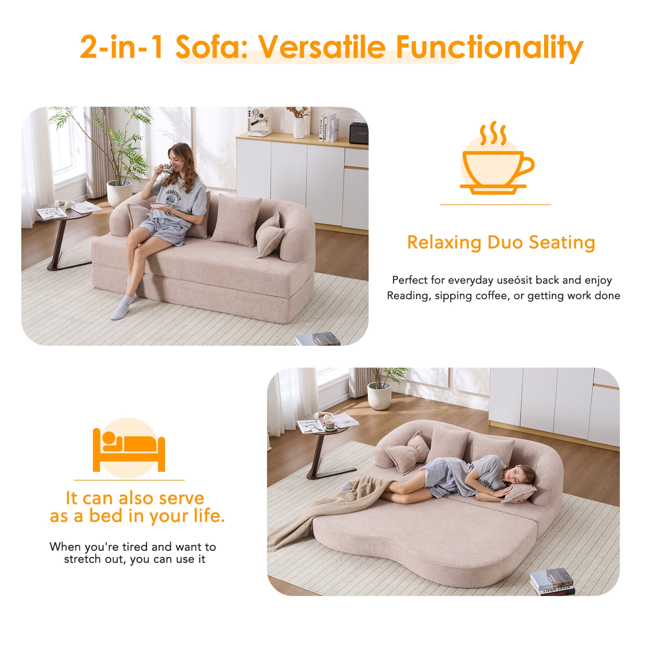 Noble House Erika 70" 2-in-1 Foldable Sofa Bed with Pillows, Boneless Chenille Convertible Sleeper Couch, Apricot