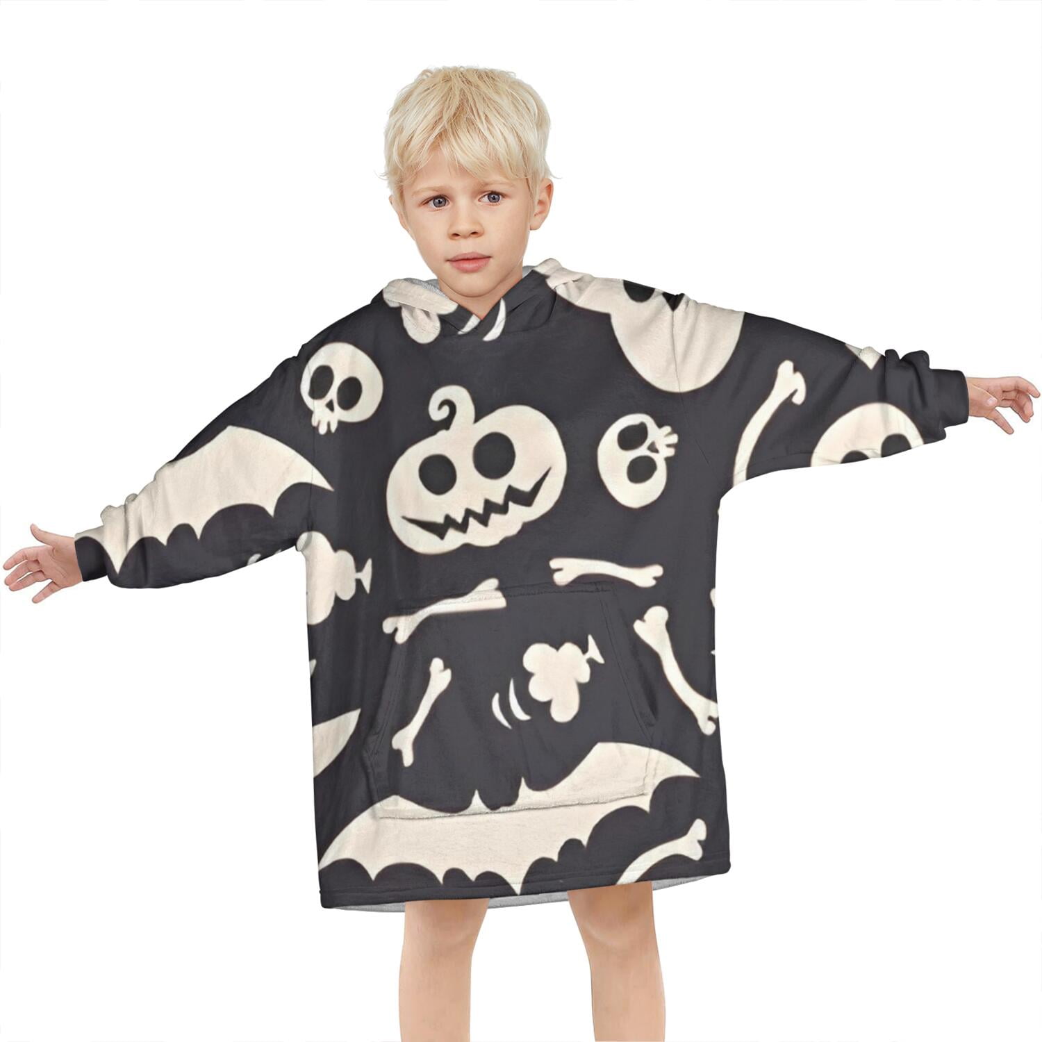 Spooky Halloween Icons Pattern Blanket Hoodies for Kids 6-13YR Oversize Wearable Blanket Hoodies for Boys Girls Teens