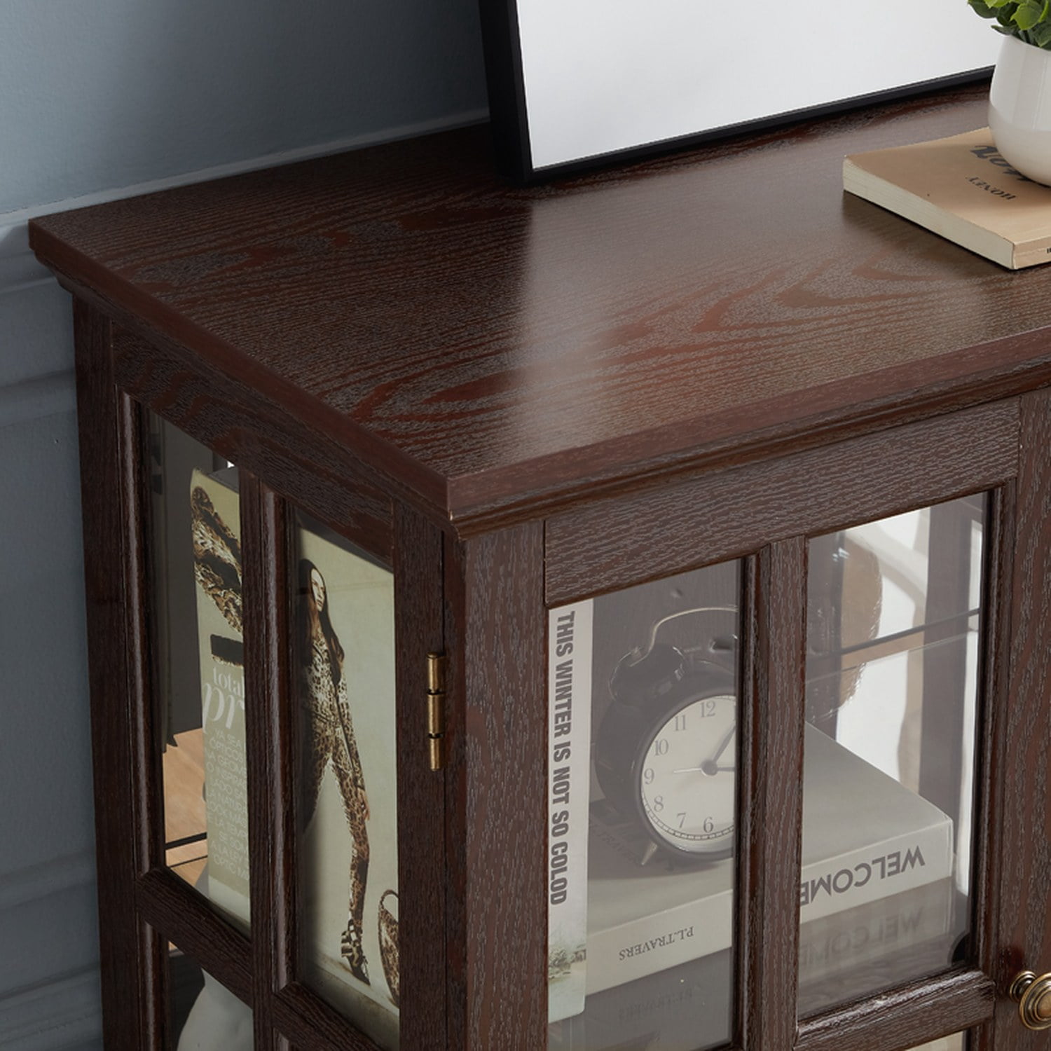 LED Curio Display Cabinet with Adjustable Shelves, Cherry Finish, 30.32 in x 15.75 in x 32.09 in