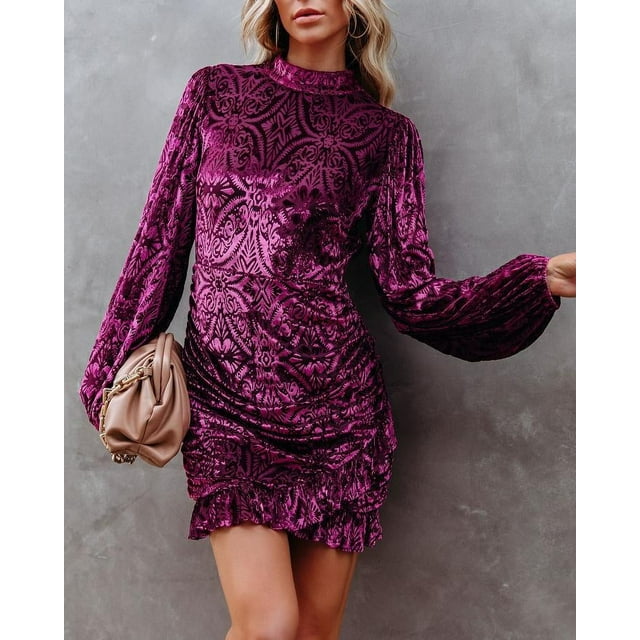 POINTERTECK European Wind Autumn And Winter New Velvet Burn Flowers Temperament Ruffle Irregular Fashion Dress