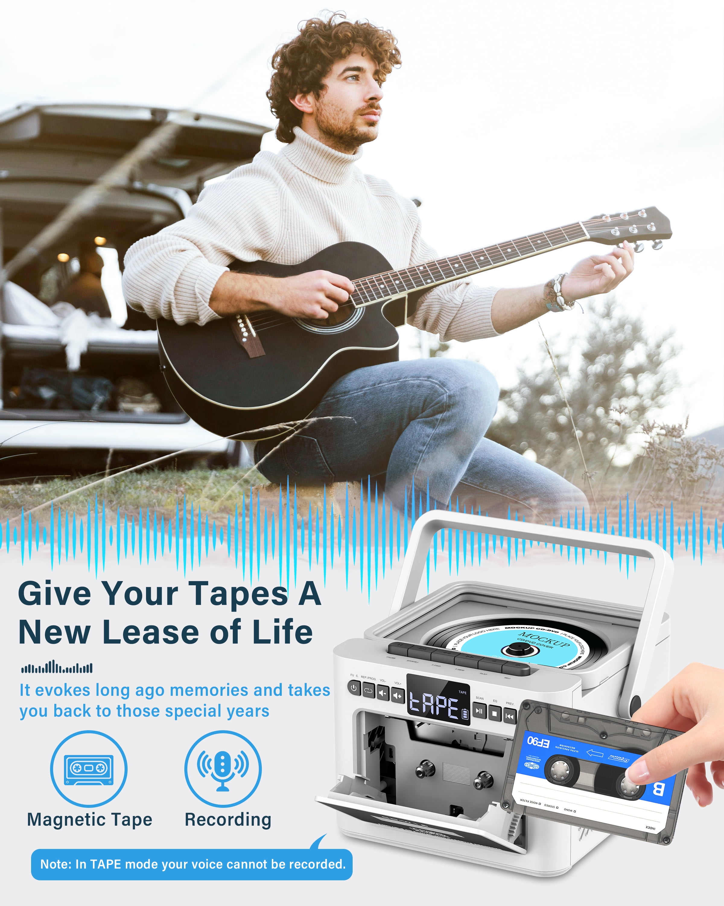 Greadio 5000mAh Rechargeable CD Player Boombox Cassette Player Combo with Bluetooth, FM, Music
