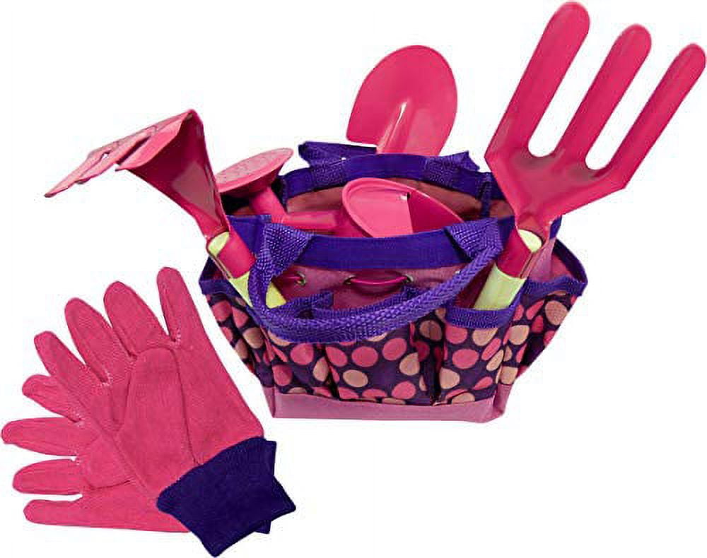 Kids Gardening Tool Set - Real Metal Child Sized Hand Tools with Wooden Handles & Safety Edges; Shovel, Rake & Pitch Fork - Plus Watering Can, Garden Gloves & Durable Canvas Carrying Bag. Pink