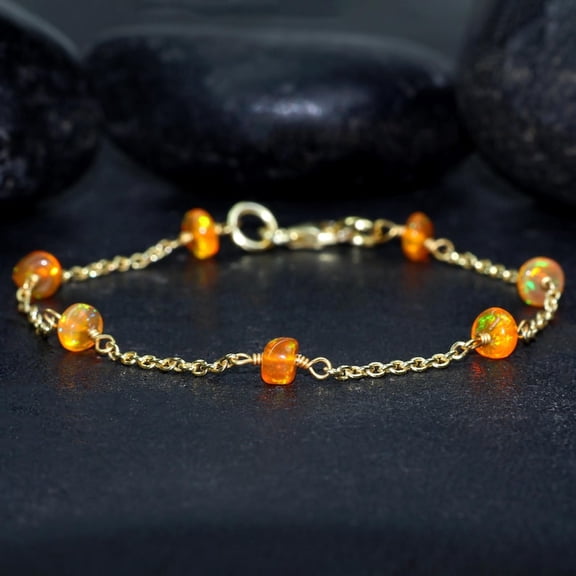 Orange Fire Ethiopian Opal 3.5-4mm Rondelle Shape Smooth Cut Beads 7 inch Silver Plated Clasp Bracelet for men, women, unisex. Link Chain Stacking Bracelet.|LINK_05225