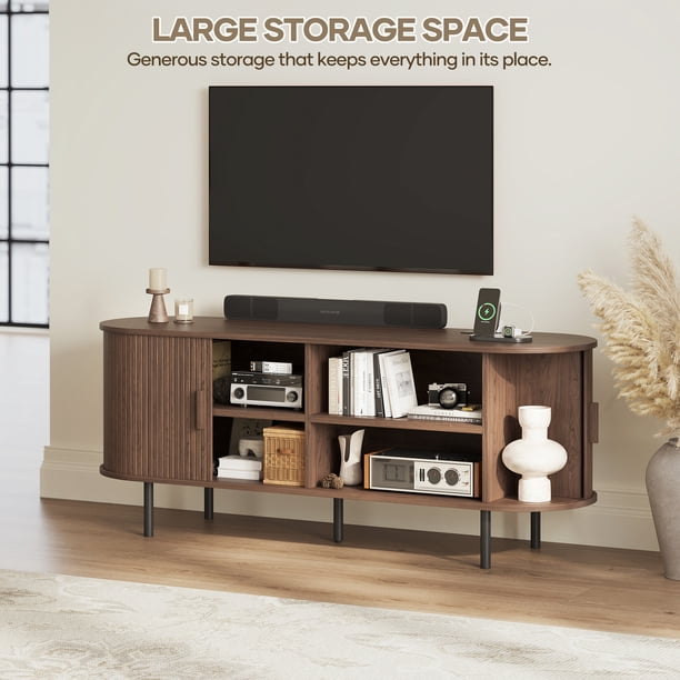 WERMO 55\" TV Stand With Storage - Mid Century Modern Console Table For 32-60 Inch TVs, Walnut Finish