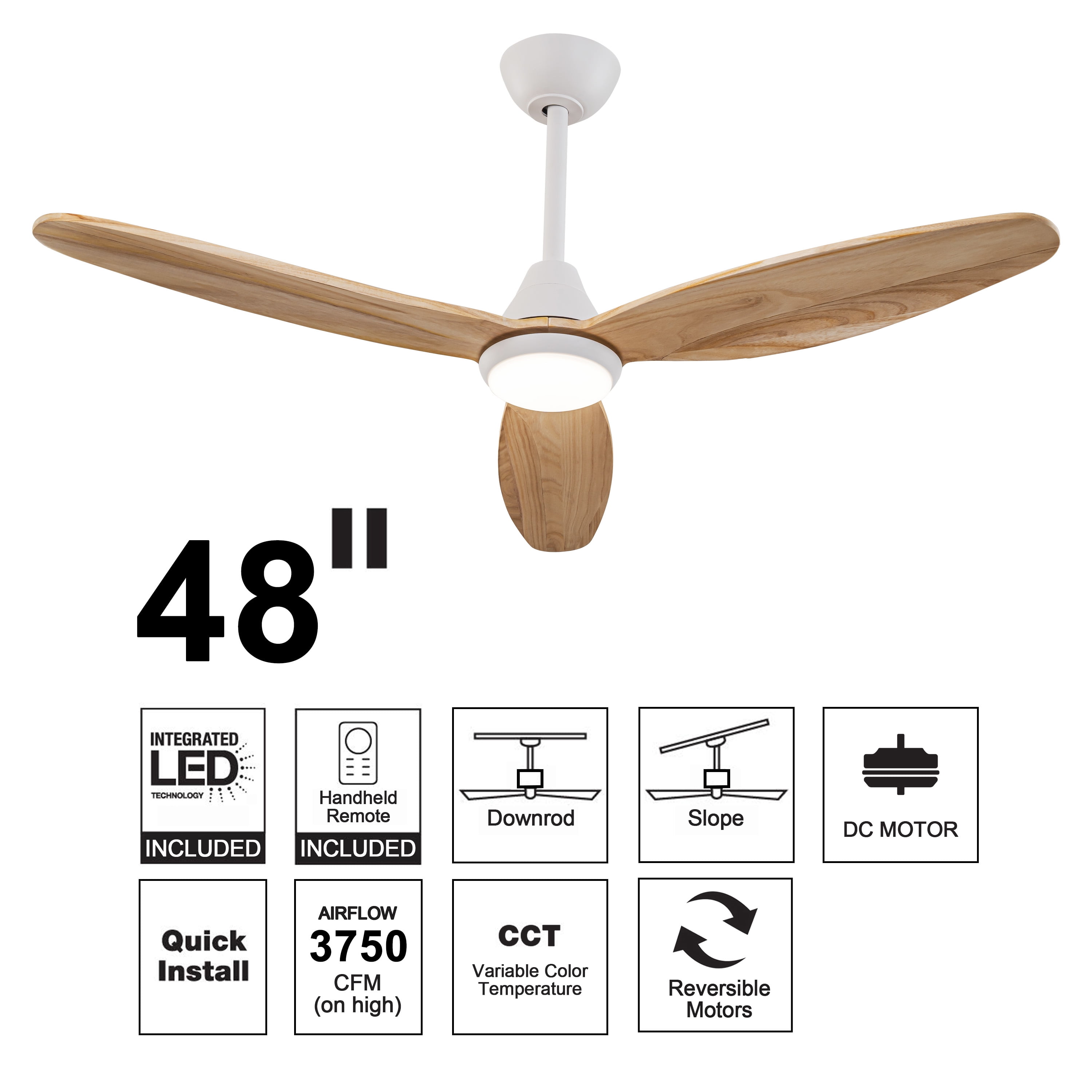 C Cattleya 48 in. 3-Blades Integrated LED White Wood Ceiling Fan with Light and Remote Control