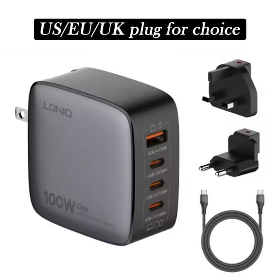 100W GaN USB-C Charger, 3-Port Fast Charging Station for iPhone, iPad, MacBook, Laptops, with EU/UK/US Plugs