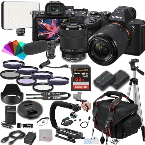 Sony A7 IV Mirrorless Digital Camera 24MP w/ 28-70mM Lens, 128GB Extreme Memory,Microphone, 120LED Video Light, Filters, Case Tripod, Grip, and More ? Pro Photo Bundle (44pc Bundle)