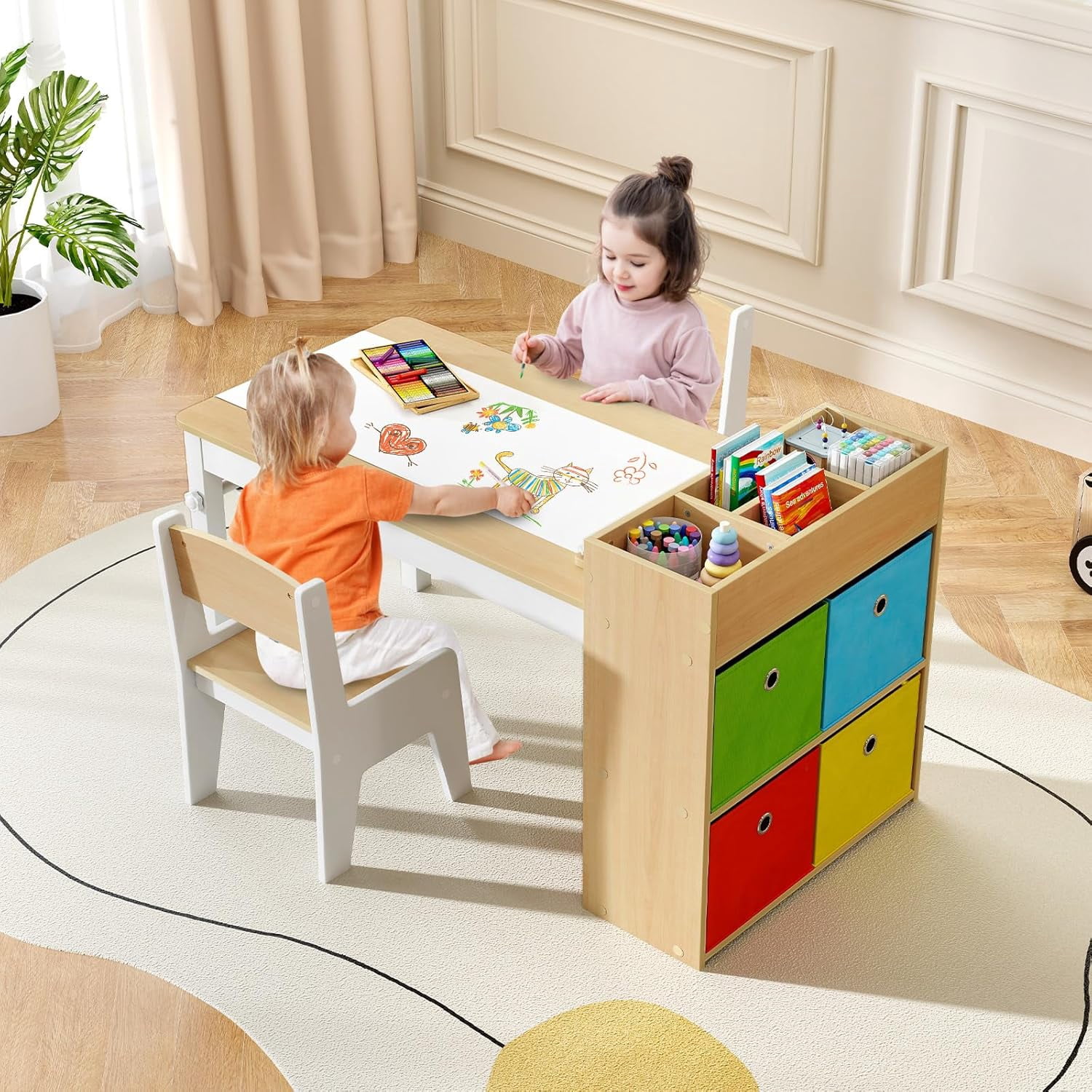 INFANS Kids Table and Chair Set, Toddler Art Craft Play Wood Activity Desk with 2 Chairs 4 Storage Canvas Bins Paper Roll for Writing Drawing, Children Furniture for Daycare Nursery