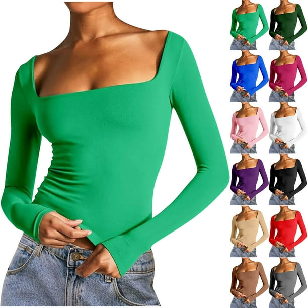Blusas para mujer,Blusa informal de cuello cuadrado para mujer, camisa holgada de manga larga, mezcla de poliéster y elastano, para uso diario en otoño e invierno, sopatenor