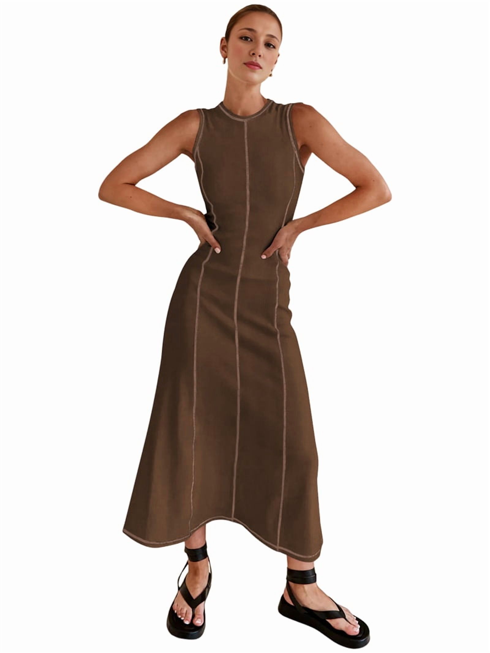 Womens Sleeveless T Shirt Dress Summer Contrast Ribbed Knit Tank Maxi Dresses Coffee Color S