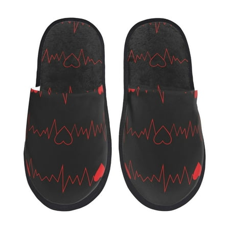 Balery Cardiogram and Heart Slient Indoor Furry Fleece Comfort House Shoes Soft Non-Slip Home Shoes Cotton slippers House Slippers-- Large