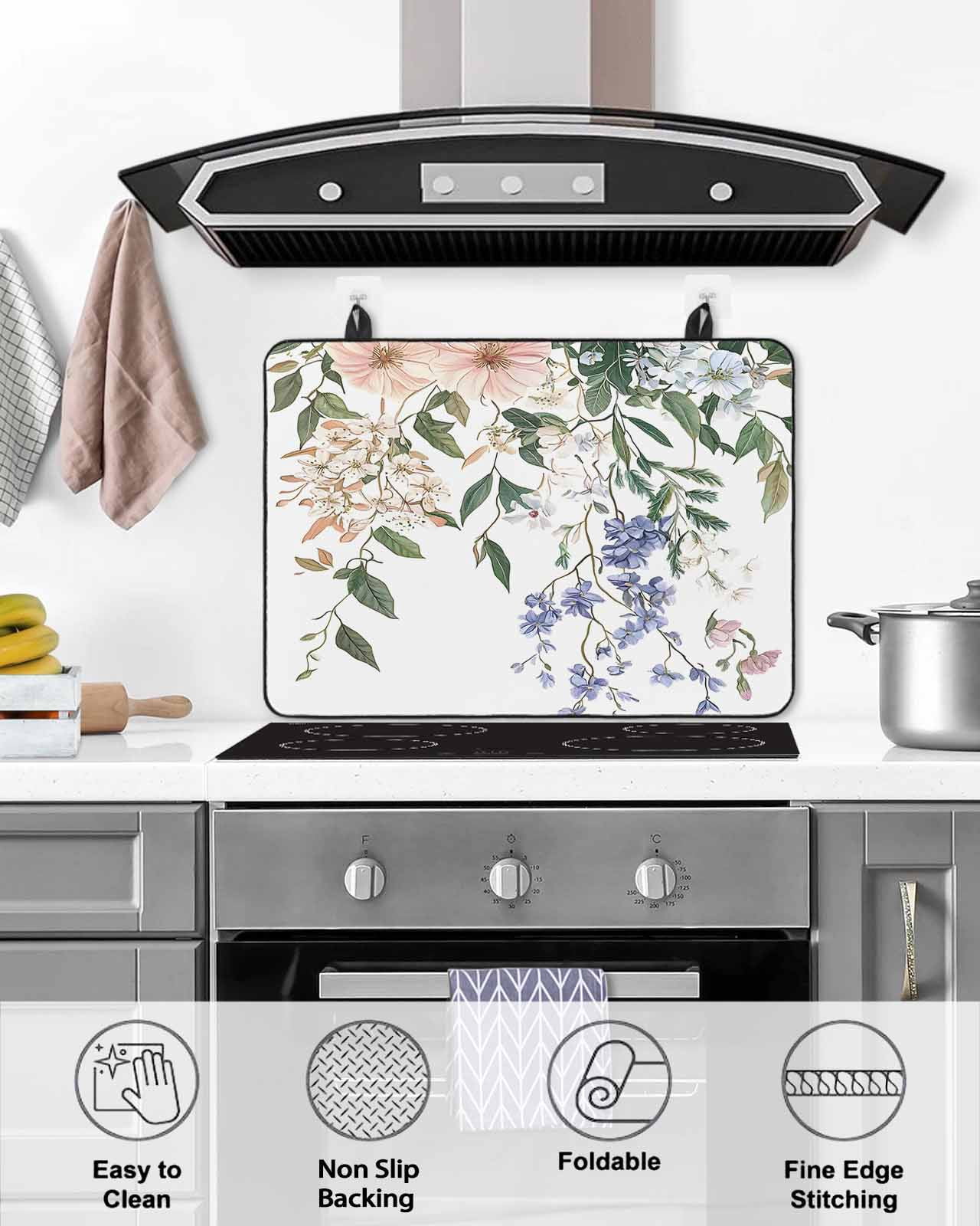 nqOlkjepod Large Induction Cooktop Protector Mat 24"x21", Spring Floral Leaves Stove Top Covers for Electric Stove, Rustic Watercolor Flowers Stove Burner Cover Mats, Glass Top Stove Cover