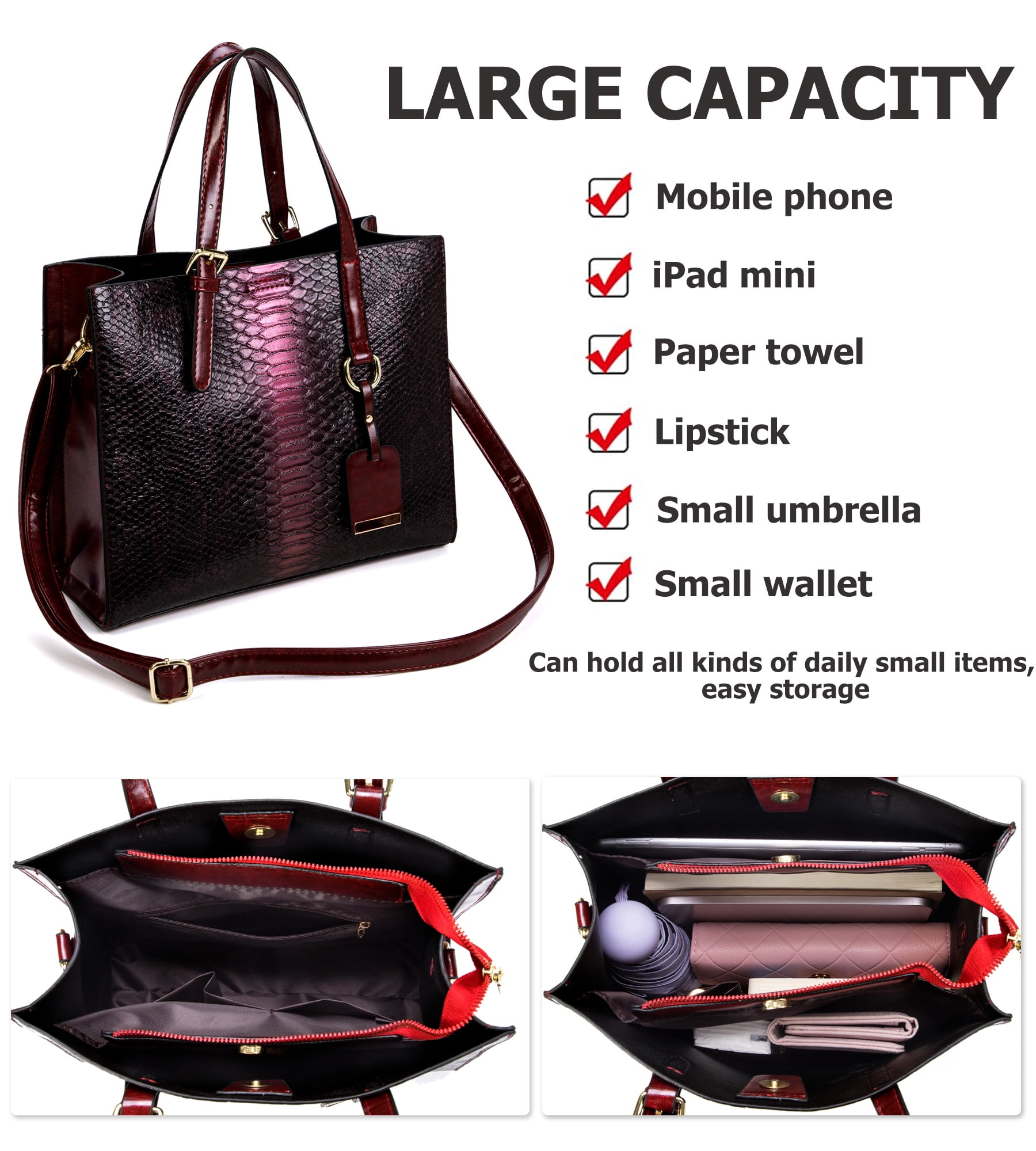 Women's Crocodile Pattern Tote Bags Stylish Handbags Satchels Purses and Wallets For Women 3 Pcs Set