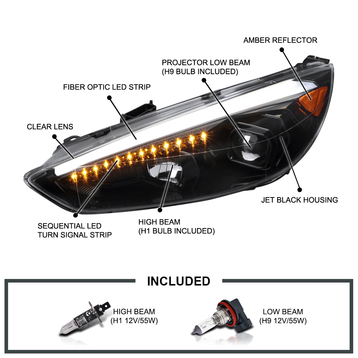 Anzo ® 121564 - Black Switchback LED U-Bar ™ Projector Headlights